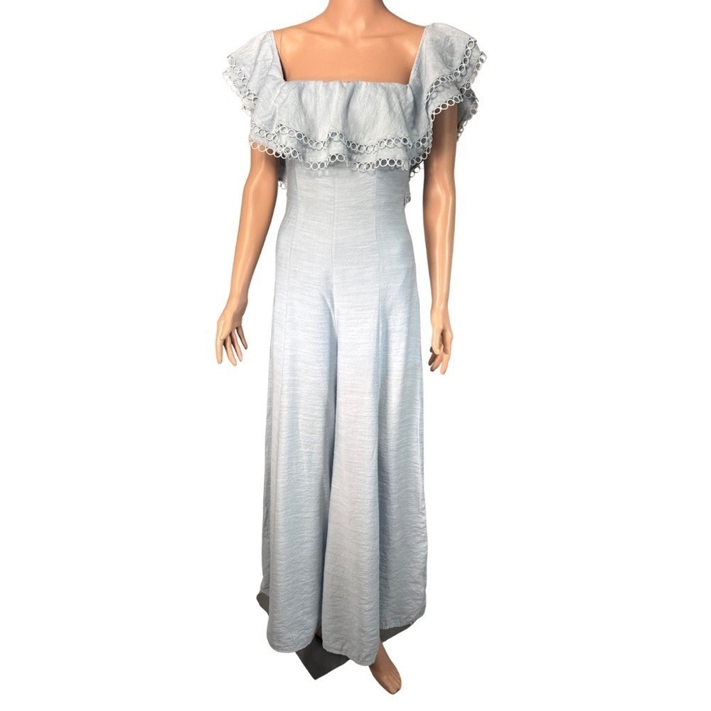 Here Comes The Sun Light Blue Eyelet Ruffle Wide Leg Jumpsuit Size Small AUS 8